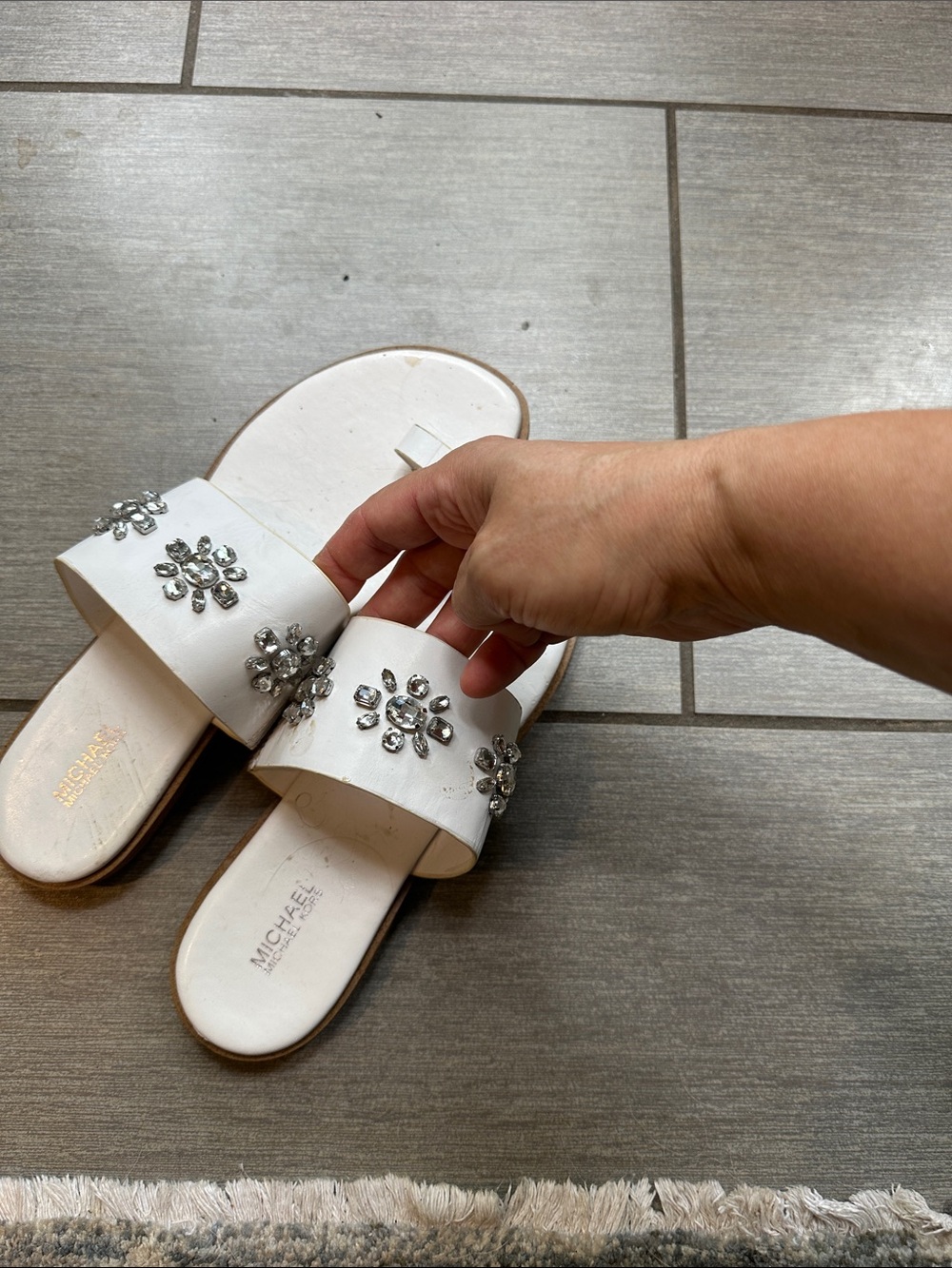 MICHAEL Michael Kors White Jeweled Slide Sandals
